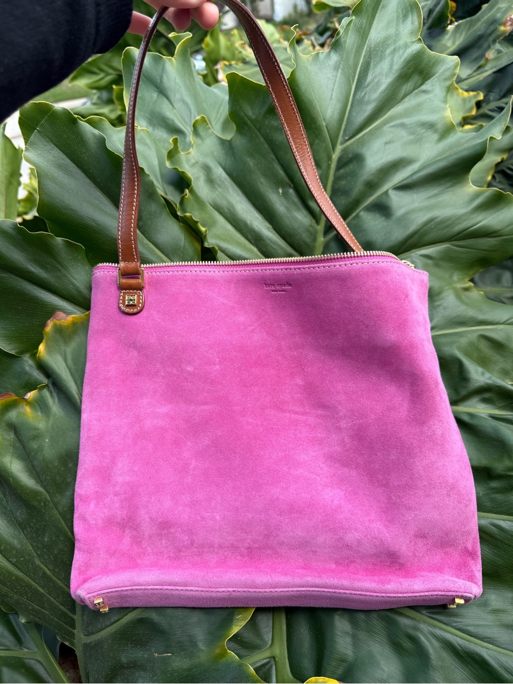 y2k/90s kate spade Pink Suede Shoulder Bag with Brown Leather Straps